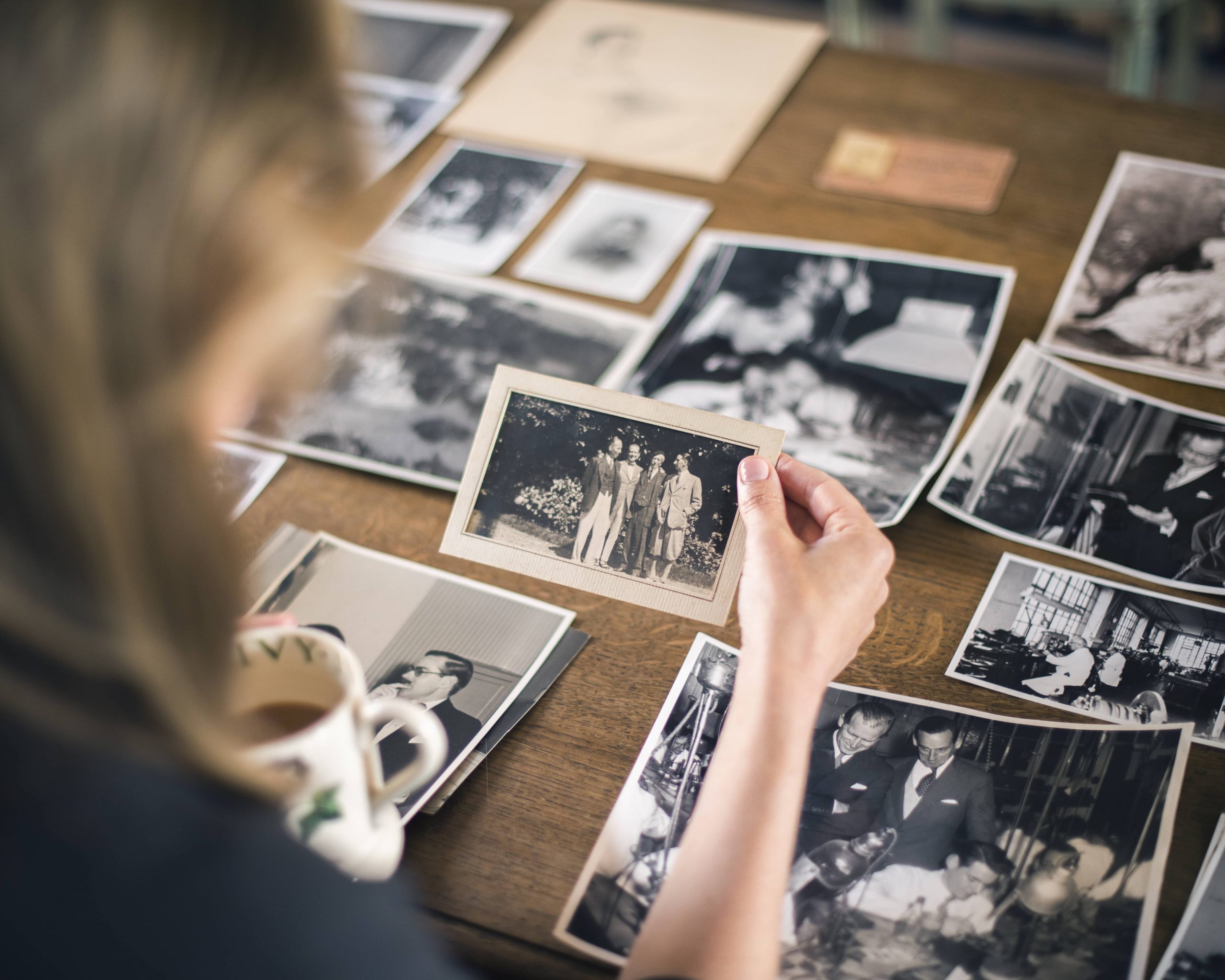 The author looking through photos